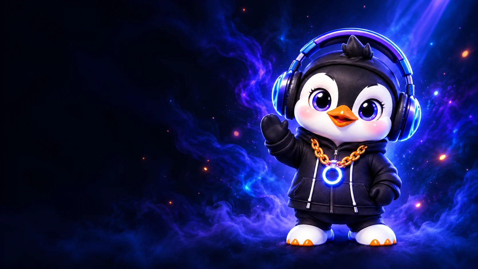 Pingo, ORYVO’s penguin mascot, waving in a blue and violet aura