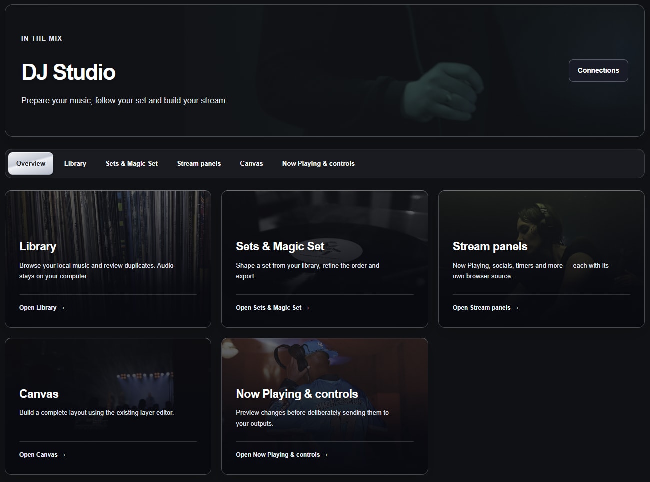 Actual ORYVO DJ Studio with Library, Sets, stream panels and Now Playing tools