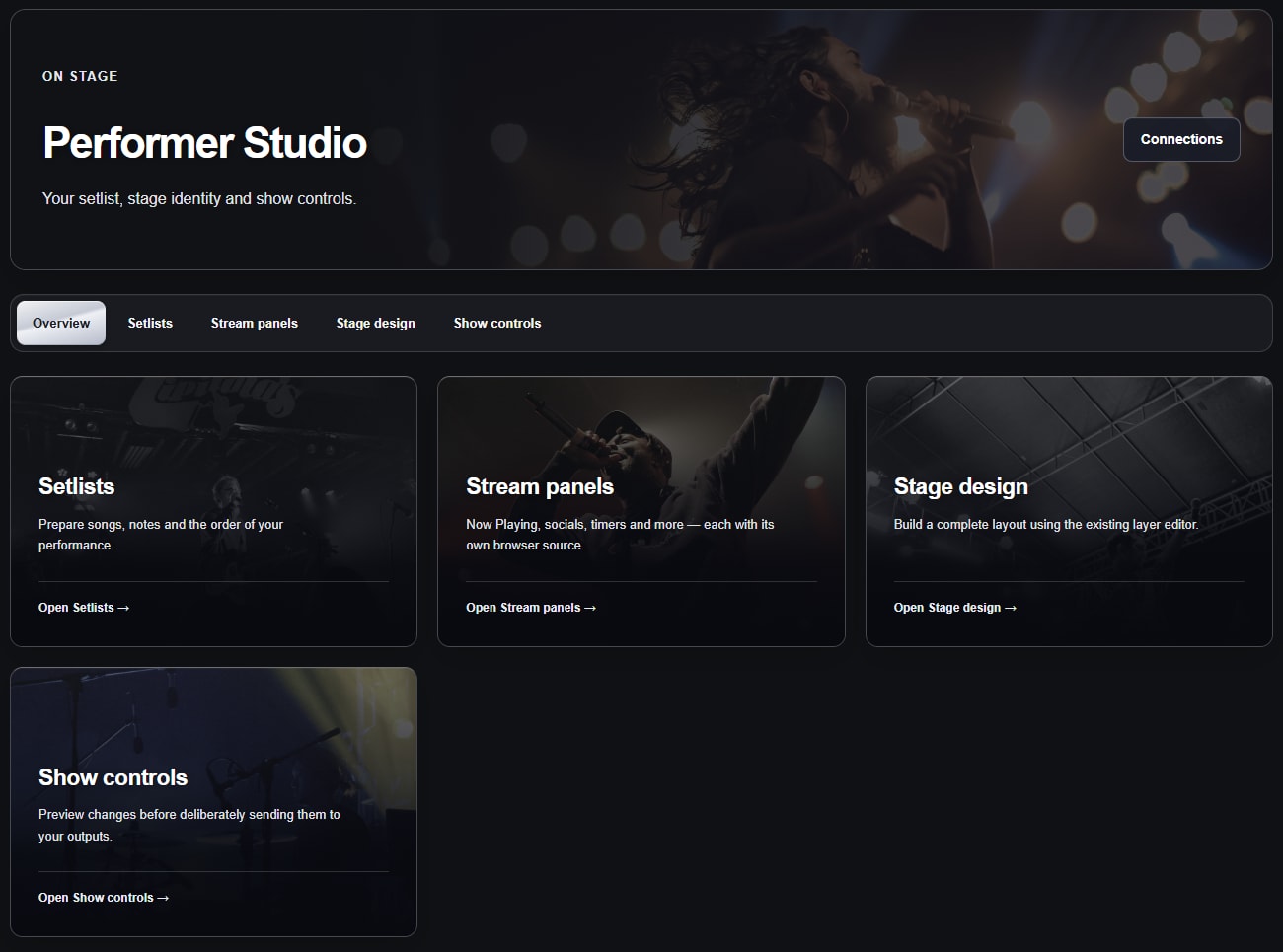 Actual ORYVO Performer Studio with Setlists, stream panels, stage design and show controls